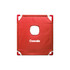 A red portable cornhole game board featuring a central hole and a logo.
