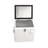 A white metal cooler box with a removable lid and a shiny interior. It features a latch and a tap.