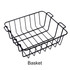 A black wire basket with an open design and two handles on the sides.
