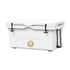A 65L white cooler box with a logo, featuring a secure lid and handles.