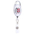 A retractable oval card holder in clear plastic with a logo and a durable clip.