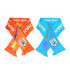 Two elastic spandex scarves in orange and blue, featuring fringe ends and a logo.
