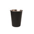 A stainless steel cup in black, featuring a sleek design with a metallic interior and a logo.