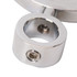 A shiny chrome beer tap badge holder with a circular attachment and a screw for securing.