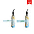 A compact, folded umbrella featuring a blue, yellow, and white design, secured with a fabric strap and a logo.