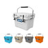 A cooler box in white, with a handle, alongside options in blue, tan, grey, and orange. Features a logo.