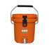 An orange ice bucket with a metal handle and a faucet at the bottom. Features a branding logo on the front.