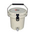 A cream-coloured ice bucket with a faucet and a sturdy handle. It features a locking mechanism and a logo.