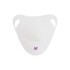 A white ice bucket with curved handles and a logo on the front.