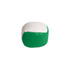 A green and white Hacky Sack with a smooth, rounded shape and a logo on one side.