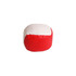 A red and white Hacky Sack with a smooth, rounded design and a glossy finish. It features a logo.