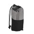 A quick dry towel in a black mesh storage bag, featuring a drawstring closure and sleek design.