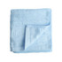A folded, soft blue bamboo fiber towel, featuring a textured edge and a logo on one corner.