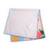 A microfibre beach towel featuring colourful prints, folded over with blue edging.