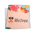 A microfibre beach towel in peach colour featuring a crab, beach ball, and palm trees, with branding present.