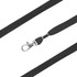 A black bootlace lanyard with a metal clip and padded section for comfort. Features a woven texture.