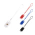 A phone holder with a silicone lanyard available in white, red, blue, and black. Includes a logo on the holder.