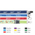 A selection of nylon lanyards in navy blue, purple, light blue, red, green, and grey, featuring various logos.