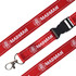 A red woven lanyard with a clip and a black plastic buckle, featuring a logo.