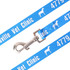A polyester dog leash in bright blue featuring a silver clip and a logo.