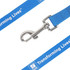 A blue polyester dog leash featuring a metal clip and a logo. The strap has a textured finish.