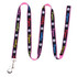 A detailed woven dog leash in black with vibrant pink, green, and blue patterns, featuring a clip for attachment.
