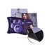 A purple mouse mat featuring a drum set design and textured underside, with additional promotional materials behind it.