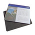 A calendar mouse mat featuring a scenic image and a monthly calendar layout in blue and grey tones.