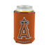 A drink can held in an orange foldable stubby holder featuring a logo.