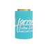 A drink bottle stubby holder in bright turquoise with a logo on the front.
