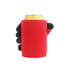 A drink bottle holder in red resembling a hand gripping a can, featuring a black glove design.