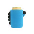 A drink bottle holder in bright blue with a black hand design, fitting a standard can. It features a logo on the side.