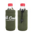 A drink bottle holder in olive green with a logo and a secure toggle for adjustable fit.