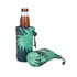 A drink bottle holder in green with a tropical leaf design, featuring a drawstring closure. It has a logo on the side.