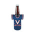 A drink bottle wrapped in a navy blue cooler designed like a jersey, featuring a logo on the front.