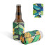 A drink bottle in a green and yellow reversible foldable stubby holder with a tropical leaf design, featuring a logo.