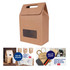 A brown die-cut handle bag with a window, featuring a logo and promotional options for stickers and stamps.