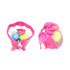 A pink foldable mesh drawstring backpack containing colourful balls and toys, featuring a drawstring closure and a logo.