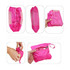 A pink foldable mesh drawstring backpack, shown in various positions, highlighting its compact design and mesh details.