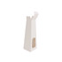 A white long style trapezoidal box with an open top and a cut-out section on the side, featuring a logo.