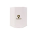 An octagonal white hat box featuring a branding logo on one side.
