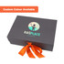 A large foldable magnetic box in grey with an orange ribbon and a logo on the front. Custom colour available.