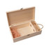 A wooden wine box in natural finish with a hinged lid and ribbon. It includes dividers for two bottles.