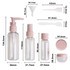 A pink PET cosmetic travel bottle kit, including various transparent bottles and accessories for toiletries.