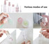 A set of clear and pink travel bottles with various tops, including spray and squeeze options, for cosmetic use.