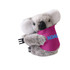 A plush koala toy in grey, featuring a pink attachment with a logo. Ideal for fun and games.