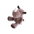 A grey plush toy rhinoceros with a white horn and dark brown accents, featuring a logo on its side.