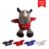 A grey rhinoceros plush toy wearing a red t-shirt, with different coloured optional t-shirts displayed below.
