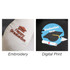 A plush bear in graduation attire with embroidery on one paw and digital print details on another. Mainly cream and blue.