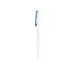 A creamy white plastic pen with a blue clip, featuring a simple, sleek design and a branding logo.